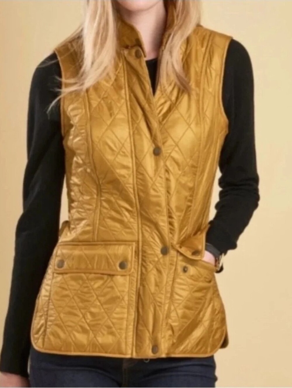 Barbour Wray Gilet Quilted Fleece Lined Vest Mustard Yellow Gold Womens US 10